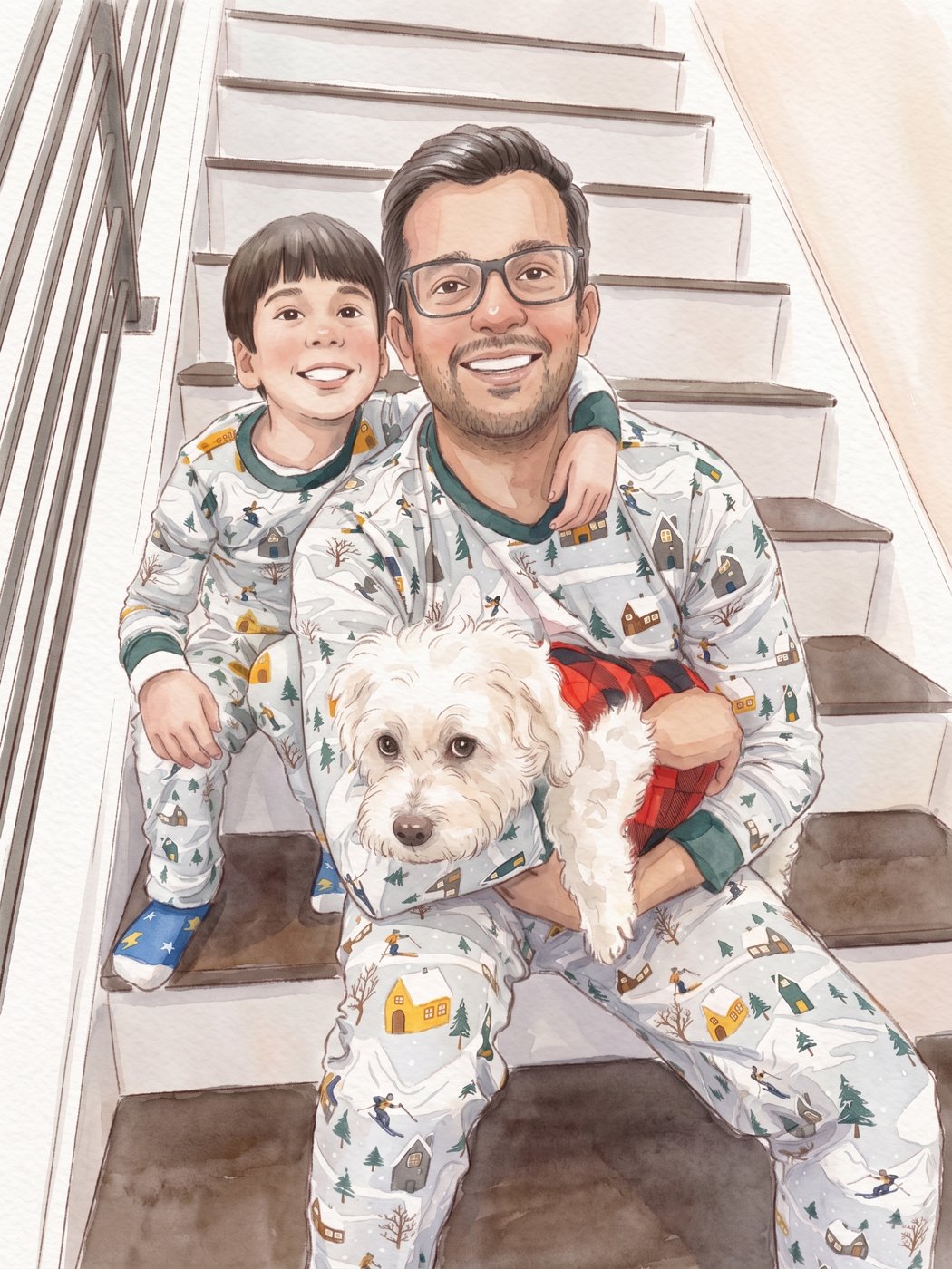 Illustrated portrait of Ahaan with his dad and their dog
