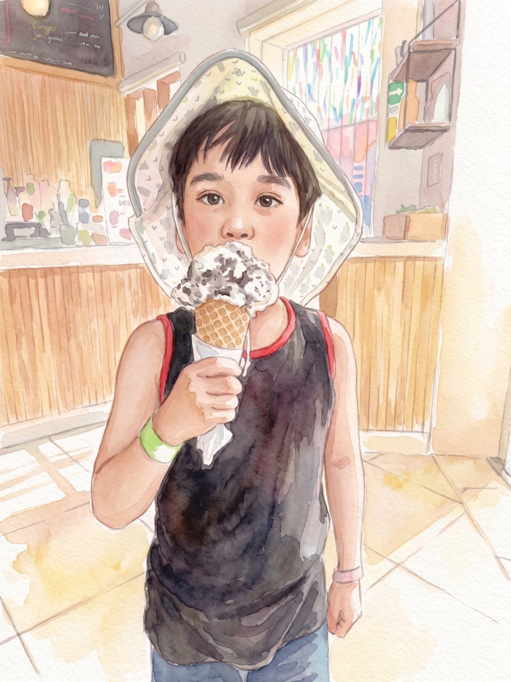 Illustrated portrait of Ahaan eating ice cream
