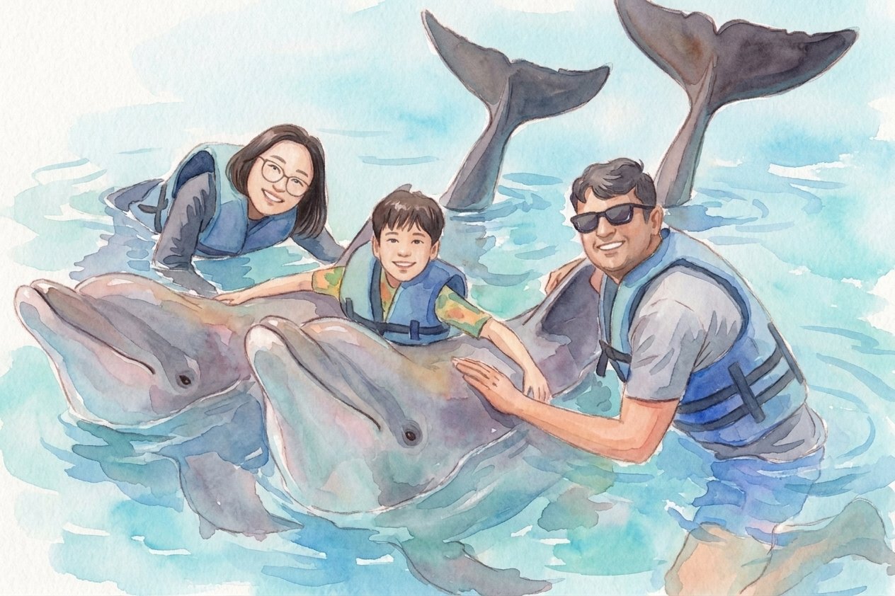 Illustrated portrait of Ahaan with his mom and dad swimming with dolphins